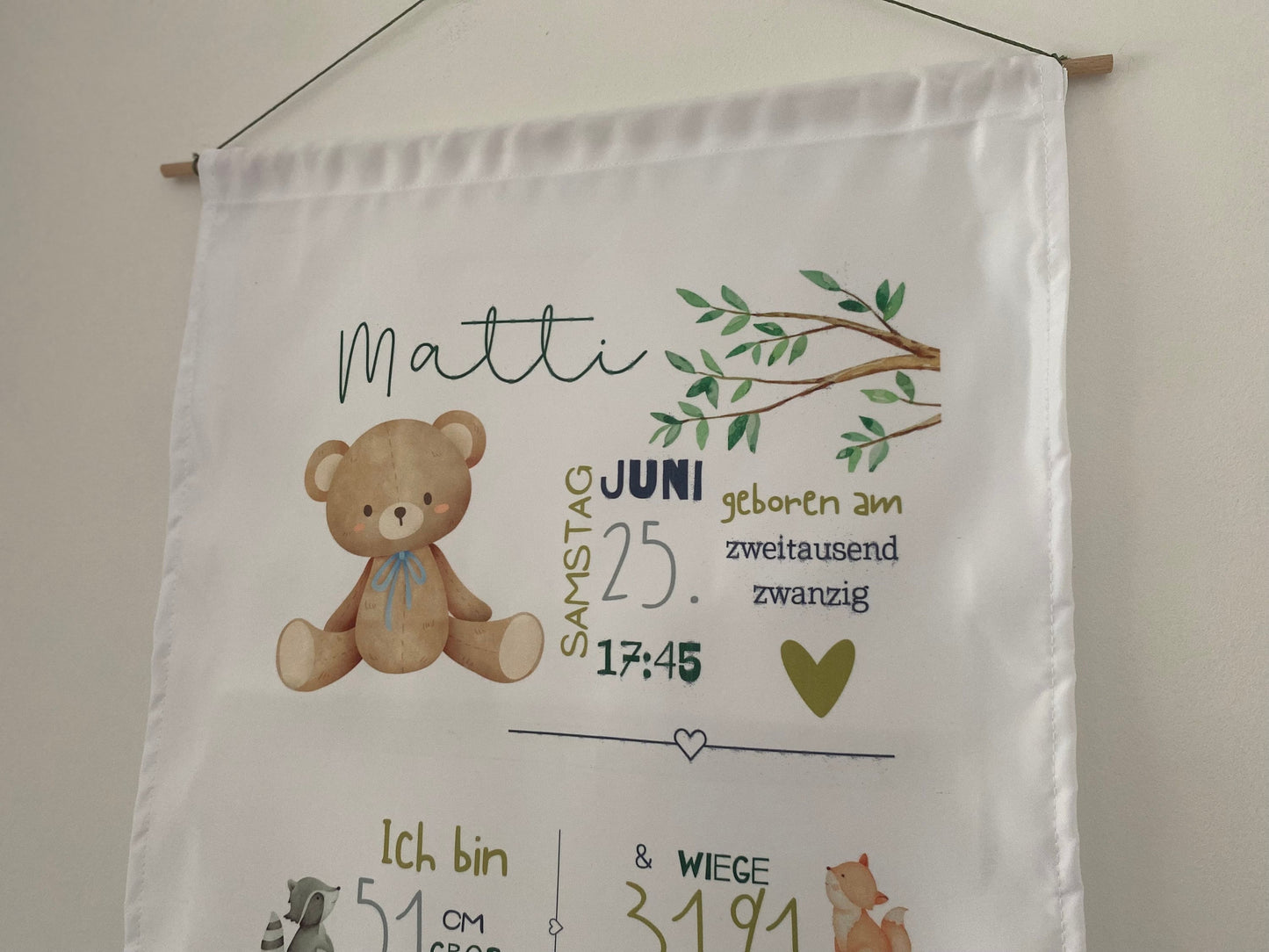 Bedrucktes Geburtsposter "Teddy" aus Stoff